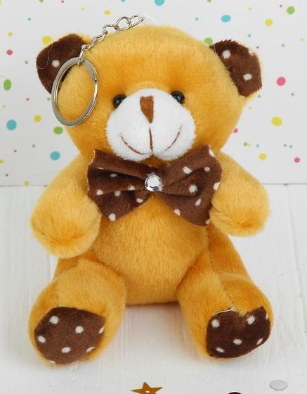 !09 Плюшевый игрушка-брелок «Мишка», бант в горошек, 10 см. цвет коричнево-оранжевый
