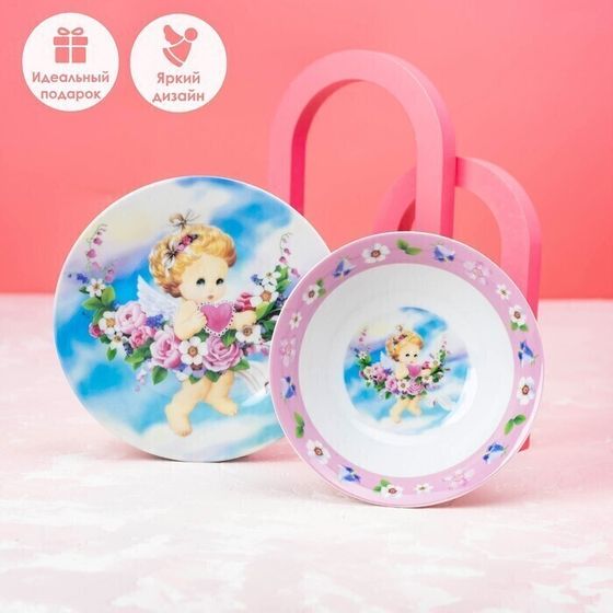 !09 Набор детской посуды из керамики «Ангелок», 3 предмета: кружка 230 мл, миска 400 мл, тарелка d=18 см