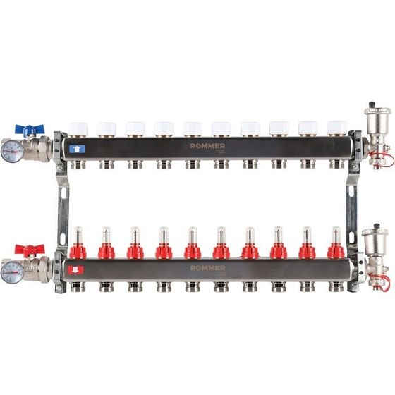 Коллектор ROMMER RMS-1210-000010, 1&quot;х3/4&quot;, 10 выходов, в сборе с расходомерами, нерж. сталь