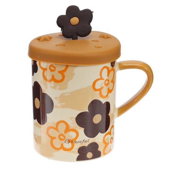 Кружка с крышкой, 400 мл, L12 W8,5 H12,5 см, дизайн микс