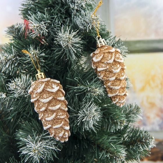!09 Украшение ёлочное "Шишки" (набор 4 шт) 4х10 см, цвет золотисто-белый