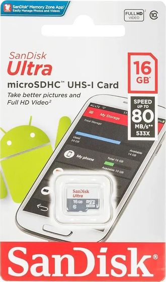 Карта памяти microSDHC 16GB SanDisk Class 10 Ultra (SDSQUNS-016G-GN3MN)