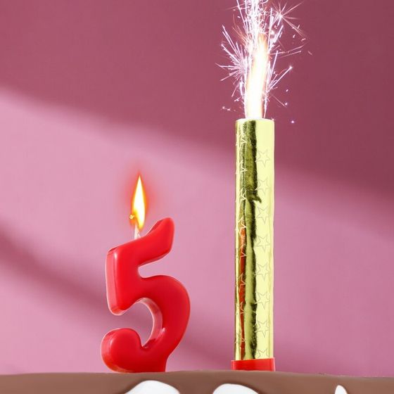 Свеча для торта цифра &quot;Овал&quot; красная &quot;5&quot; + фонтан