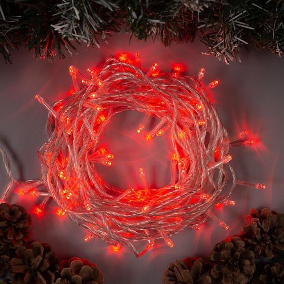 Гирлянда «Нить» 10 м, IP20, прозрачная нить, 100 LED, 8 режимов, 220 В, свечение красное