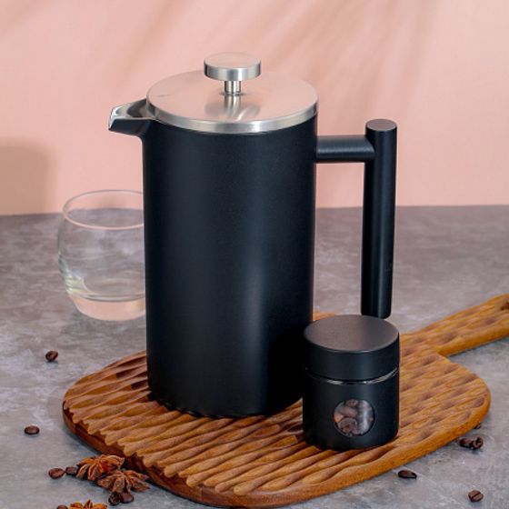 Набор стальной френч пресс 1000мл  баночка для чая/кофе BLACK EDITION