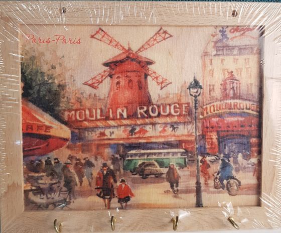 !КЛЮЧНИЦА НАСТЕННАЯ &quot;MOULIN ROUGE&quot; C 4 ЖЕЛЕЗНЫМИ КРЮЧКАМИ 20X25 СМ. БУК
