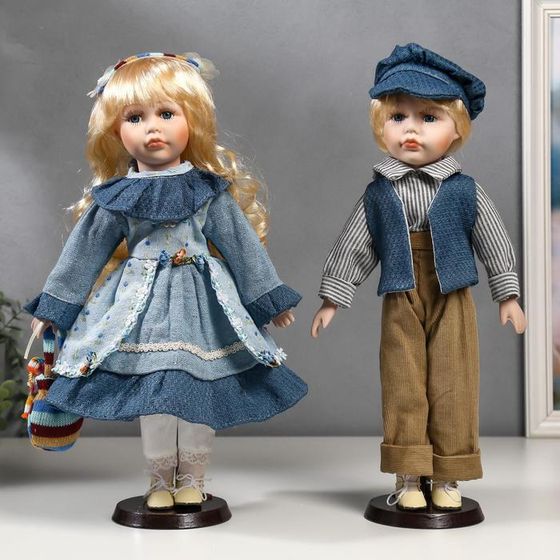 Кукла коллекционная парочка набор 2 шт &quot;Вера и Сережа в голубых нарядах&quot; 40 см