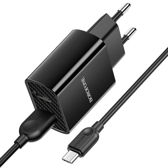 Сетевое зарядное устройство Borofone BA53A, 2xUSB, 2.1 А, кабель microUSB, 1 м, чёрное