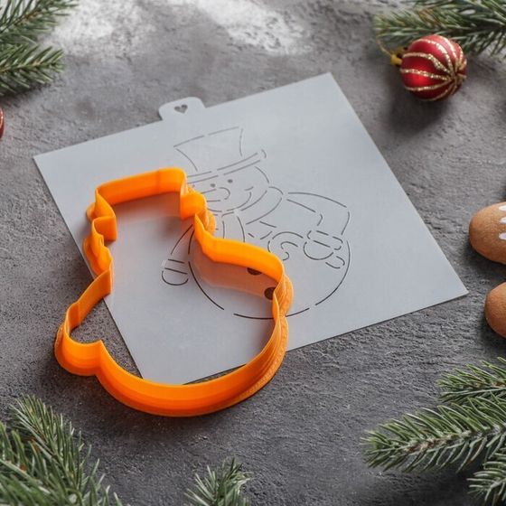 !09 Форма для вырезания печенья и трафарет «Снеговик в шляпе», цвет оранжевый
