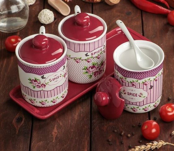 !09 Банка для сыпучих продуктов продуктов, набор из 3-х шт на подставке L27 W9,5 H13 cм цвет бордовый