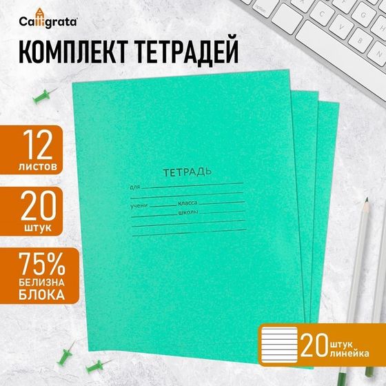 Комплект тетрадей из 20 штук, 12 листов в линию КПК &quot;Зелёная обложка&quot;, блок №2, белизна 75% (серые листы)