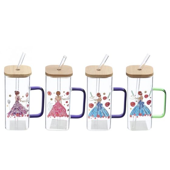 Кружка с крышкой и трубочкой, L5,8 W5,8 H13,5 см, 1 штука, дизайн микс