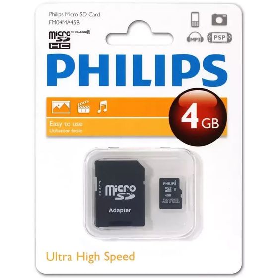 Карта памяти microSDHC 4GB PHILIPS Class 10 SD адаптер (FM04MA45B/97)