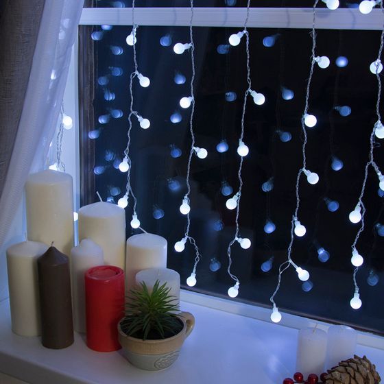 !09 Гирлянда «Занавес» 2 × 1.5 м с насадками «Шарики», IP20, прозрачная нить, 360 LED, свечение белое, 8 режимов, 220 В
