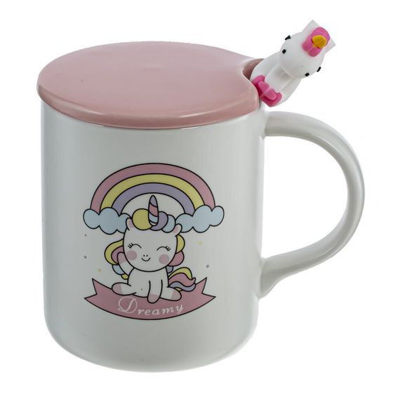 Кружка с крышкой и ложкой, 350 мл, L11,5 W8 H9,5 см, дизайн микс