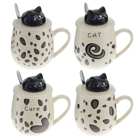 Кружка с крышкой и ложкой, 350 мл, L13 W9 H13 см, 4в.