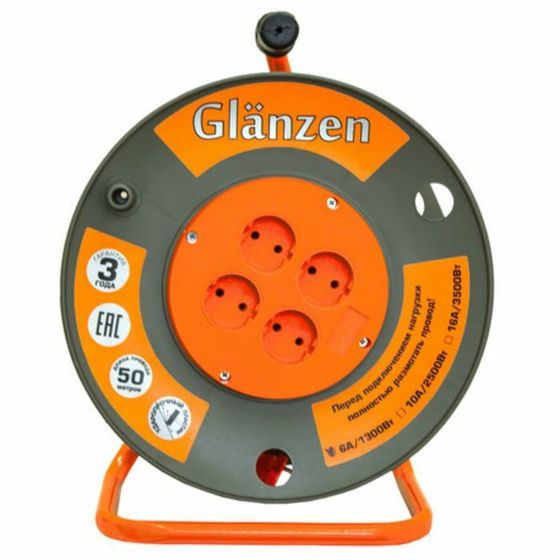 Удлинитель на катушке Glanzen, 4 розетки, 50 м, IP20, ПВС 2х1,5 EB-50-006