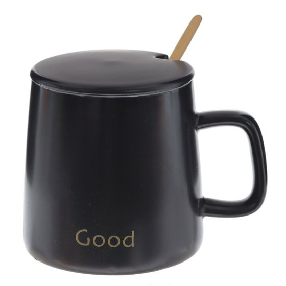 Кружка с крышкой и ложкой, 400 мл, L12 W9 H9 см,дизайн микс