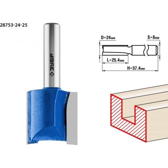 Фреза пазовая ЗУБР 28753-24-25, прямая, хвостовик d = 8 мм, 24 x 25 мм
