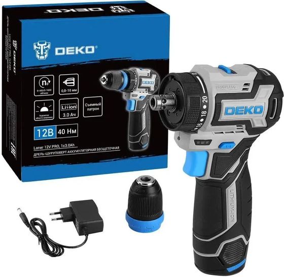 Дрель-шуруповерт аккумуляторная Deko Loner 12V Pro 12В 3Ач АКБ и ЗУ (кейс) (085-1121)