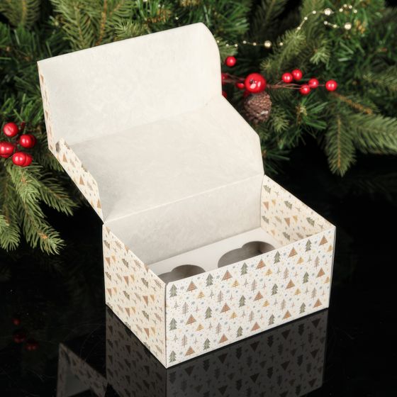 !09 Коробка на 2 капкейка /комплект 5 штук/ "В гостях у елочек", 16 х 10 х 8 см.