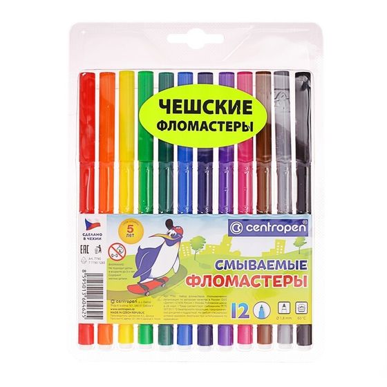 Фломастеры 12 цветов Centropen 7790 Washable 1.8 мм , блистер, европодвес, линия 1.0 мм