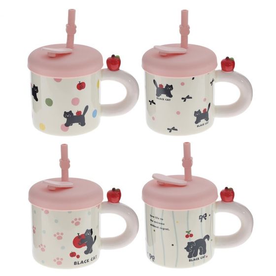 Кружка с крышкой и трубочкой, 330 мл, L14 W9 H14 см, 4в.