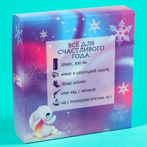 !09 Набор «Время чудес»: чай чёрный с тропическими фруктами 50 г., крем-мёд с черникой 120 г., арахис в шоколадной глазури 100 г., носки р-р: 36–39, термос 500 мл.