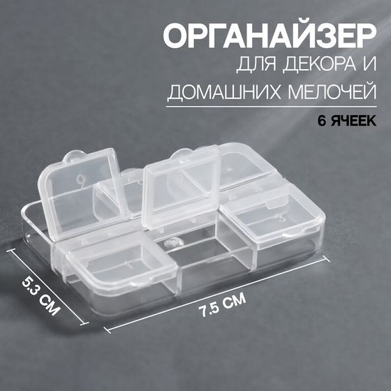 Органайзер для декора, 6 ячеек, 5.3×7.5×1.3 см, прозрачный