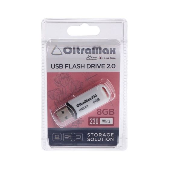 Флешка OltraMax 230, 8 Гб, USB2.0, чт до 15 Мб/с, зап до 8 Мб/с, белая