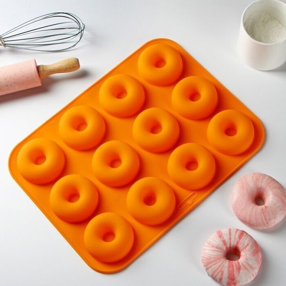 Форма силиконовая для выпечки «Сладости.Пончик», 33×25×2 см, 12 ячеек, d=6,8 см, цвет МИКС