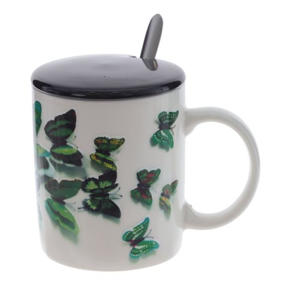 Кружка с крышкой и ложкой, 350 мл, L12 W8 H10 см, дизайн микс