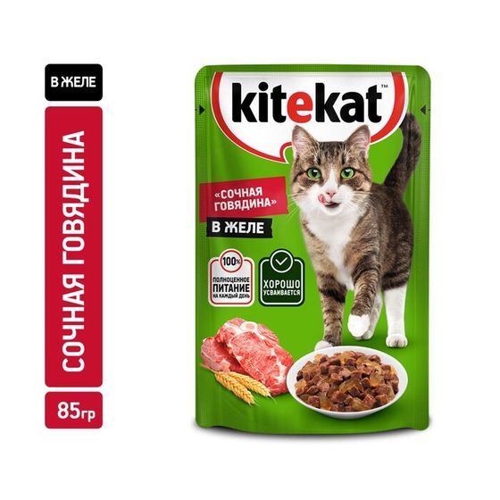 Влажный корм Kitekat для кошек, говядина в желе, пауч, 85 г