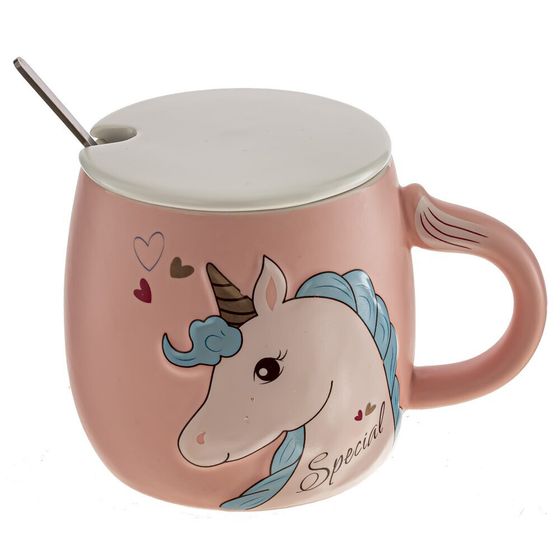 Кружка с крышкой и ложкой, 430 мл, L8,5 W8,5 H9 см, дизайн микс