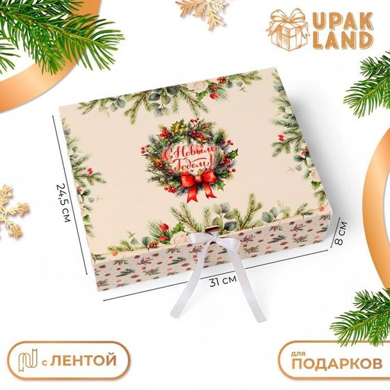 Коробка подарочная новогодняя складная, упаковка, «Еловые веточки», 31 × 24,5 × 8 см .