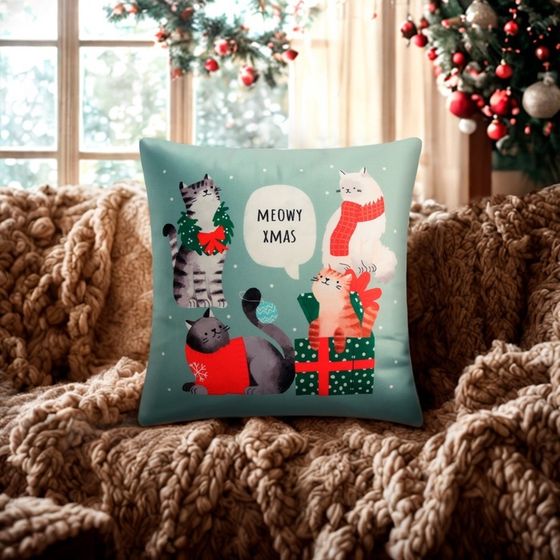 Новый год. Чехол на подушку Этель &quot;Meow X-mas&quot; 40*40 см, 100 п/э, велюр