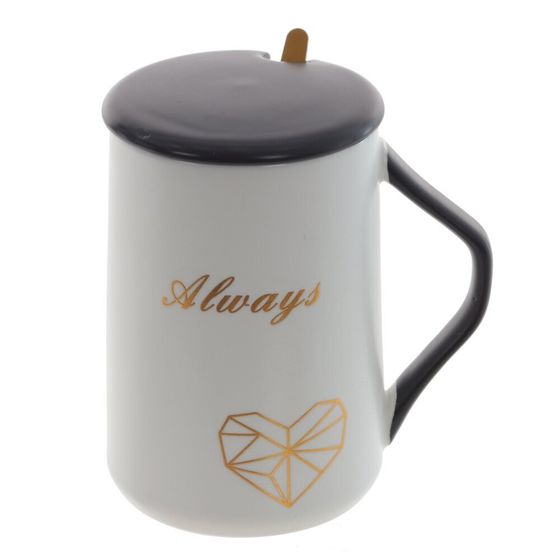 Кружка с крышкой и ложкой, 450 мл, L11 W8,5 H12,5 см, дизайн микс