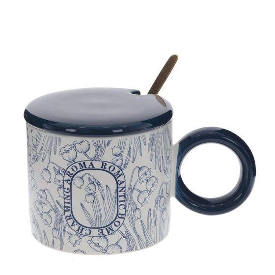 Кружка с крышкой и ложкой, 350 мл, L14 W9 H8 см,дизайн микс