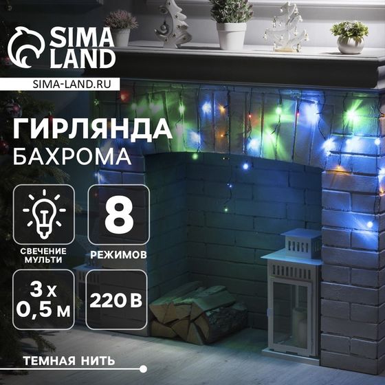 Гирлянда «Бахрома» 3 × 0.5 м, IP20, тёмная нить, 80 LED, свечение мульти, 8 режимов, 220 В