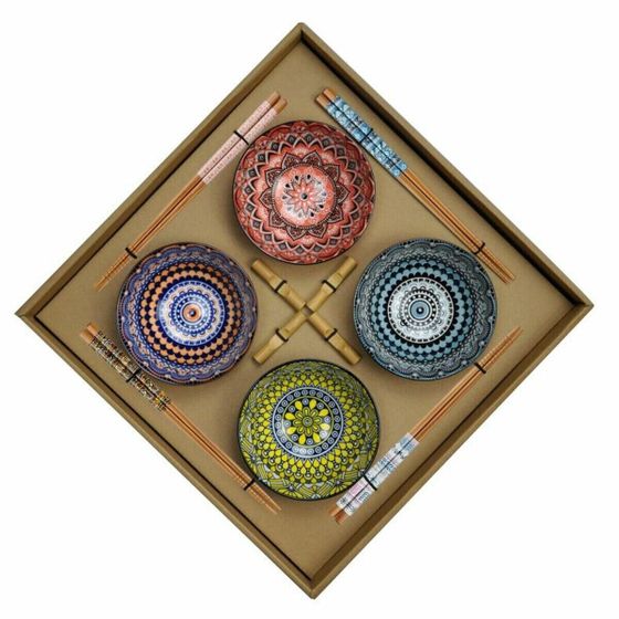 Набор для суши DKD Home Decor Разноцветный Бамбук Керамика Mandala Восточный 34 x 34 x 6,5 cm (12 Предметы)