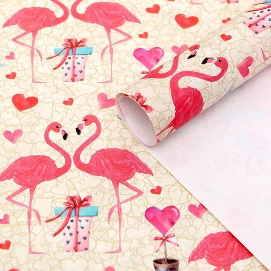 !Бумага упаковочная 2 штуки крафтовая, "Розовый фламинго", 50 х 70 см.