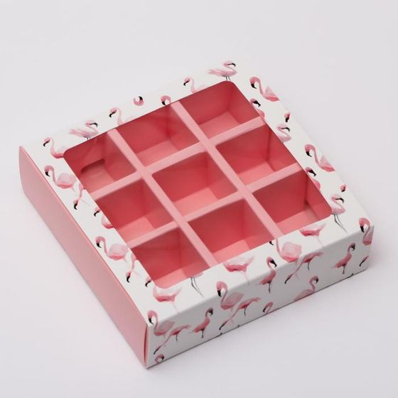 Коробка под 9 конфет с обечайкой &quot;Фламинго&quot; с окном 14,5 х 14,5 х 3,5 см (2 штуки)