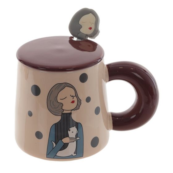 Кружка с крышкой и ложкой, 400 мл, L13,5 W9,5 H9,5 см, дизайн микс