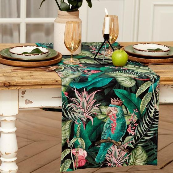 Дорожка на стол Этель Tropical parrots 40×146 см, 100% хлопок, саржа 190 г/м², зелёная/чёрная