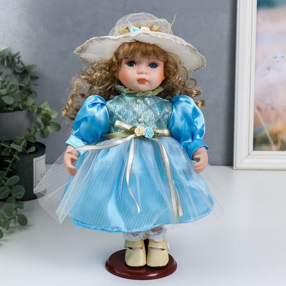 Кукла коллекционная керамика &quot;Наташа в нежно-голубом платье в шляпке&quot; 30 см