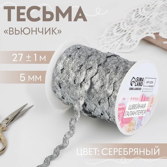 Тесьма отделочная «Вьюнчик», 5 мм, 27 ± 1 м, цвет серебряный