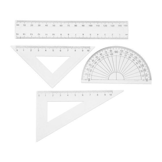 Набор чертежный 4 предмета (линейка 15 см, треугольник11 см/ 30*и 5 см/ 45*, транспортир) прозрачный