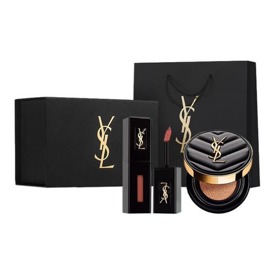 SAINT LAURENT Black Tube Lip Stain Makeup Sets Easy-to-Blend Natural 5.5ml+Leather Air Cushion #B20+Box+Shopping Bag