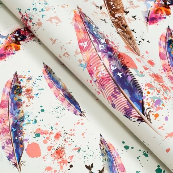 !Бумага упаковочная 2 листа глянцевая, двусторонняя &quot;Перья&quot;, рисунок, 100 х 70 см