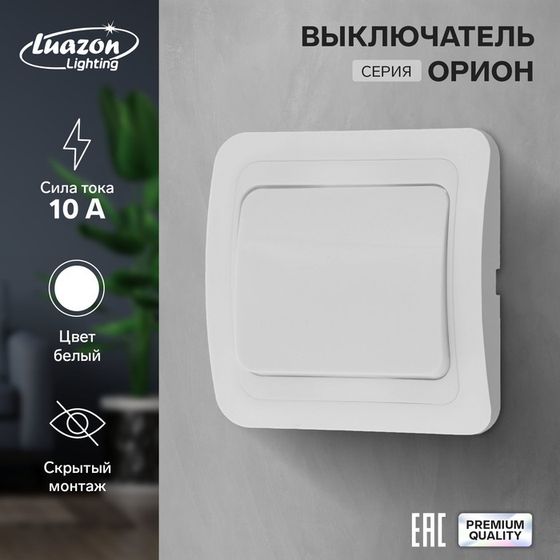 Выключатель Luazon Lighting &quot;Орион&quot;, 10 А, 1 клавиша, скрытый, белый